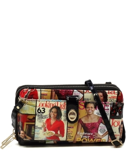 Magazine Cover Collage Crossbody Wallet Cell Phone Purse OA029 MULTI/BLACK